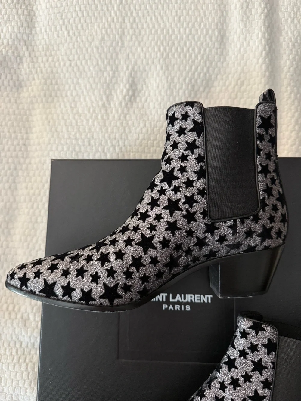 Yves Saint Laurent Silver and Black Star-Print Ankle Boots
